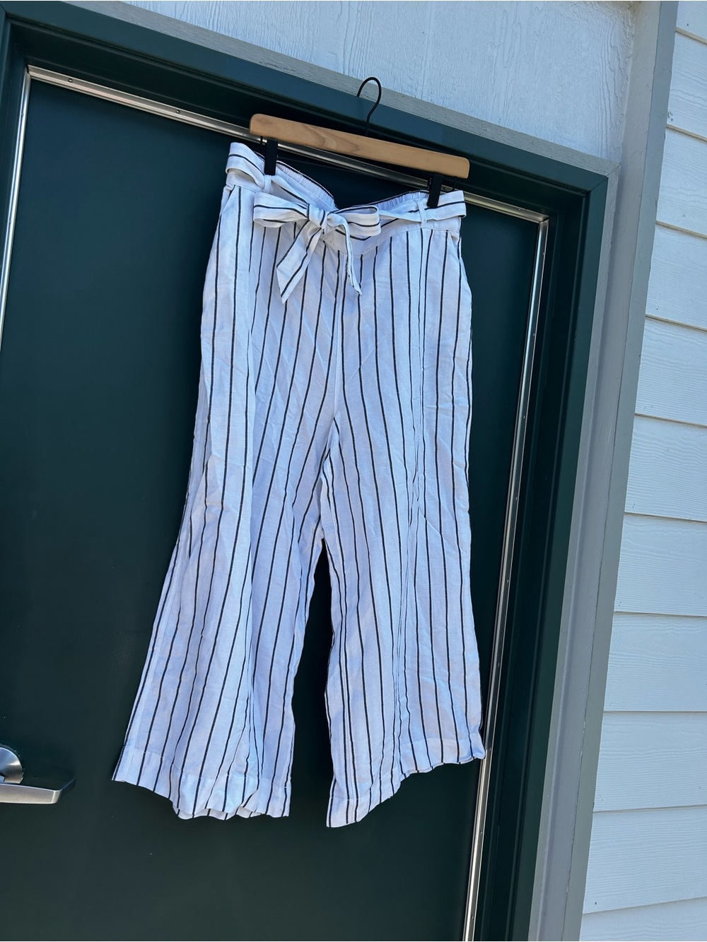 Joie White Pants with Black Pinstripes and Tie Waist